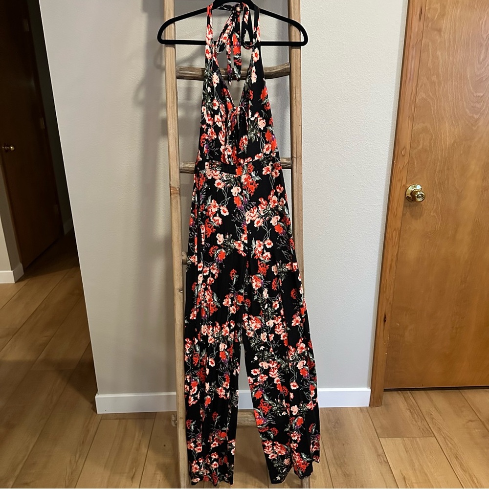 BONGO Floral Halter Jumpsuit - Black and Red